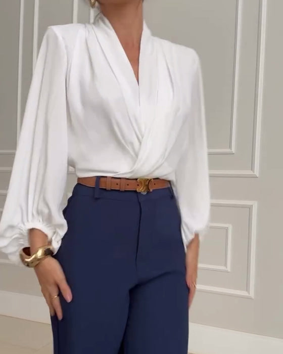 Marlaine | Women's V-Neck Lantern Sleeve Draped Blouse