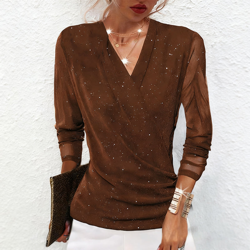 Maribel | Women's Draped V Neck Shimmer Long Sleeve Blouse