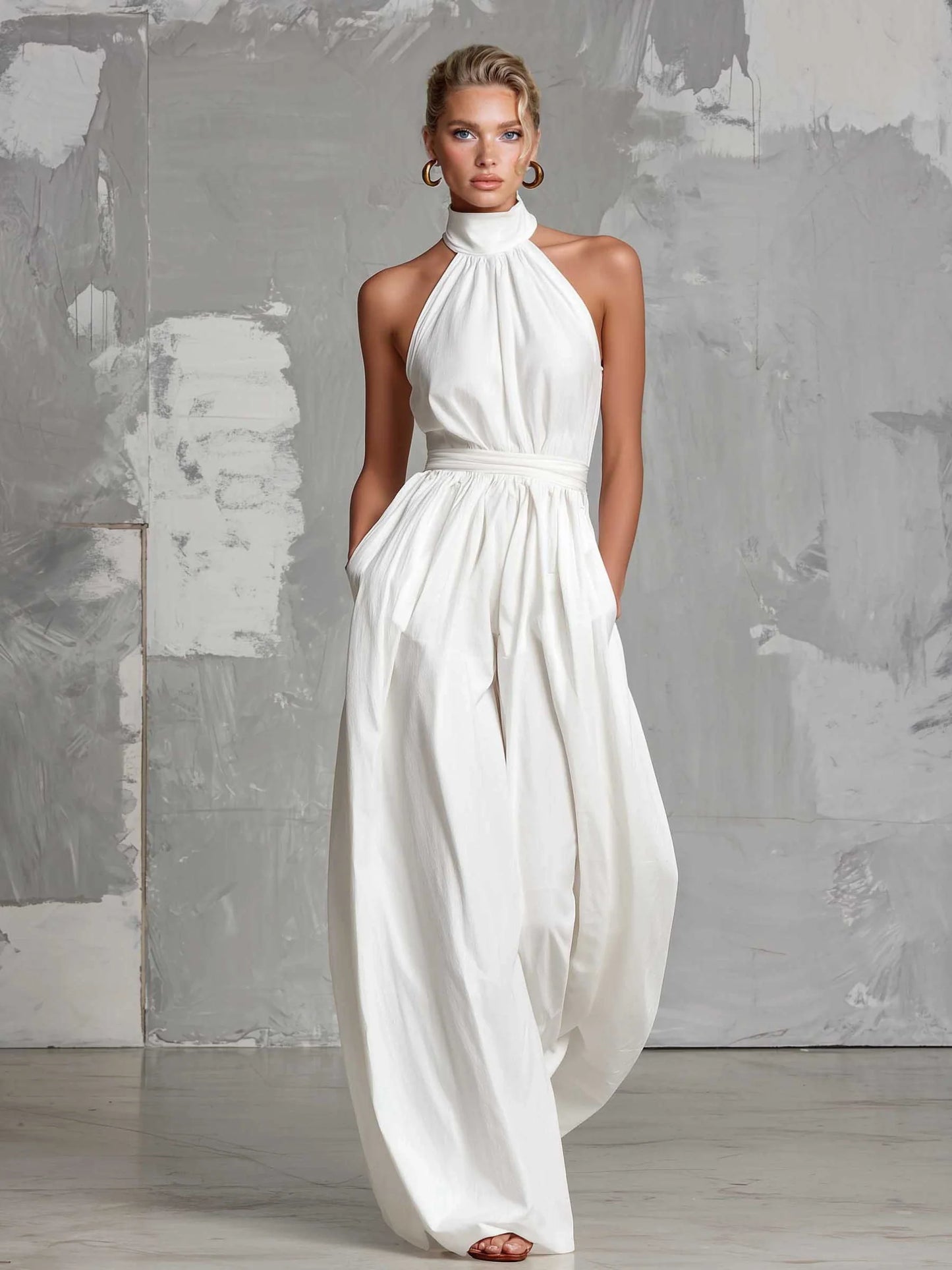 Valentina | Women's Boho Halter Backless Wide Leg Jumpsuit