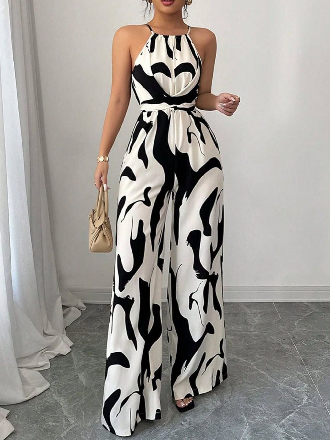 Marlowe | Women's Halter Neck Abstract Print Wide Leg Jumpsuit
