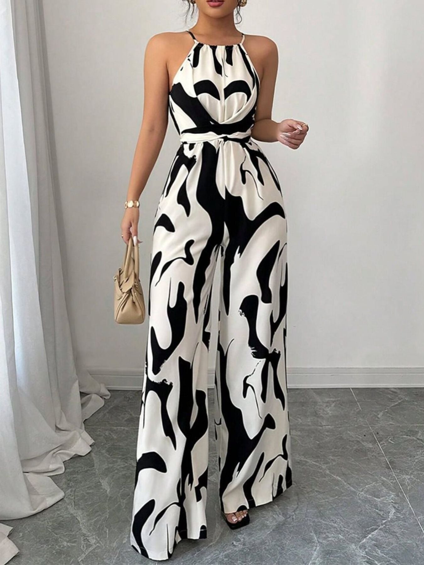 Marlowe | Women's Halter Neck Abstract Print Wide Leg Jumpsuit