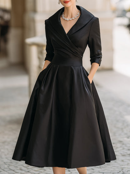 Reece | Satin Wrap Collar V Neck A-Line Midi Elegant Wedding Guest Dress