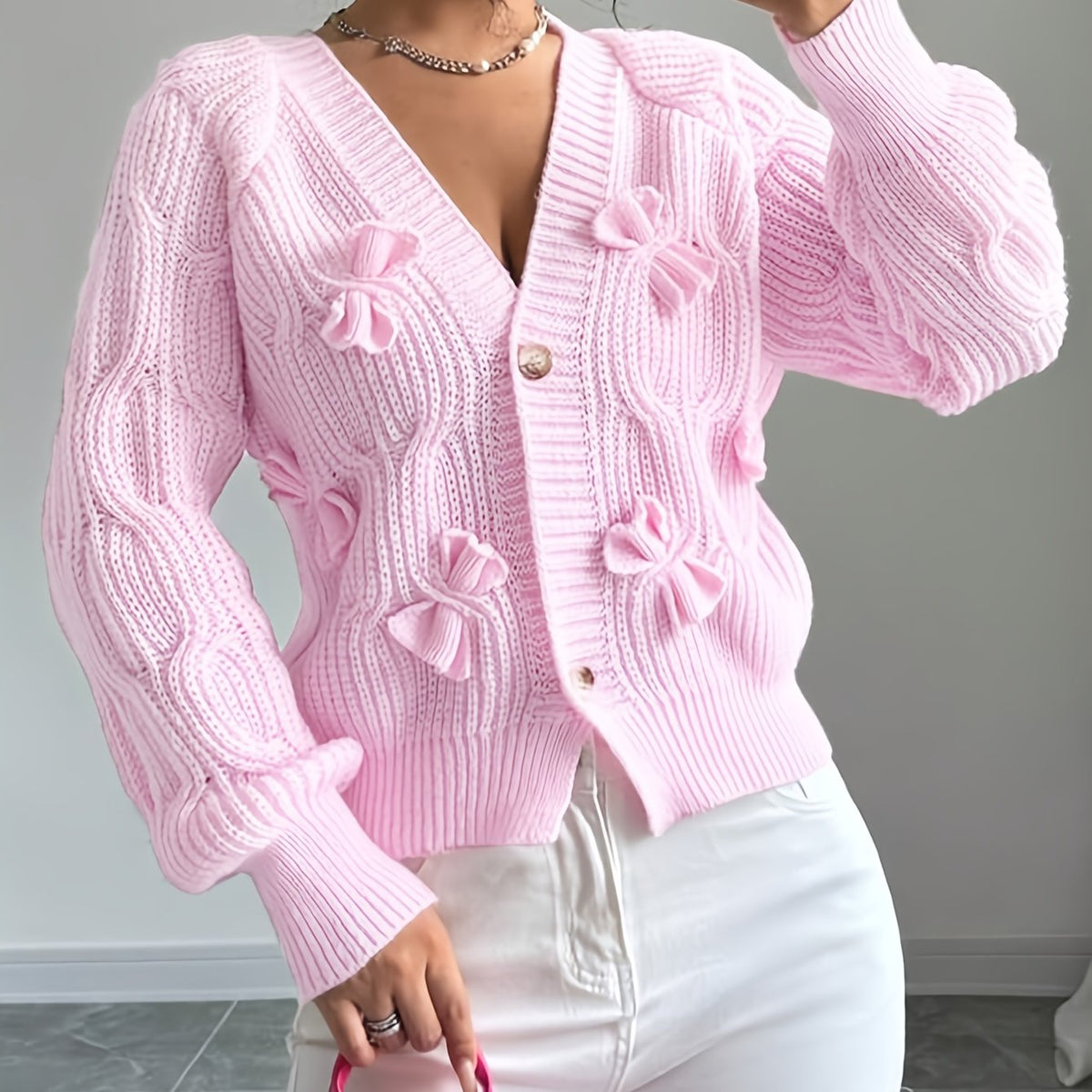 Rosalind | Women's Bow-Detail Cable Knit V-Neck Button-Front Cardigan