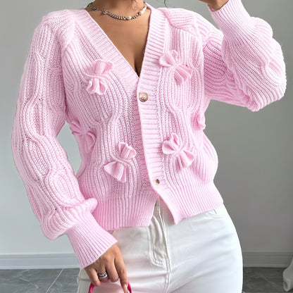Rosalind | Women's Bow-Detail Cable Knit V-Neck Button-Front Cardigan