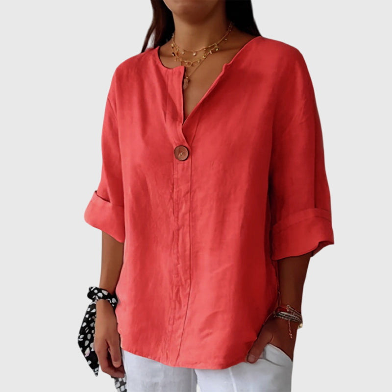 Valentina | V Neck Single Button 3/4 Sleeve Relaxed Casual Blouse