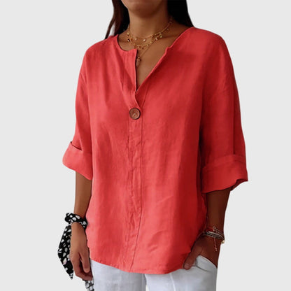 Valentina | V Neck Single Button 3/4 Sleeve Relaxed Casual Blouse