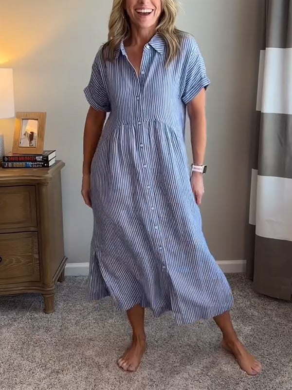 Brooke | Striped Button Up Collared Short Sleeve Casual Summer Midi Dress