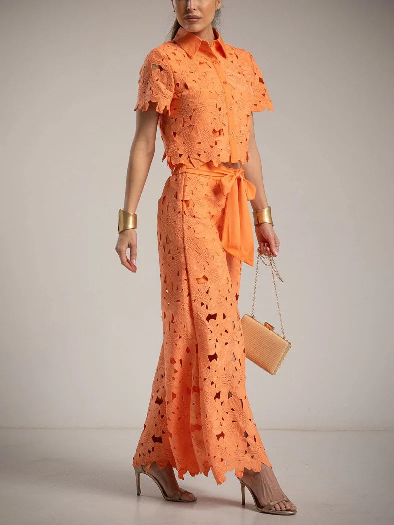 Elara | Women's Elegant Lace Cutout Shirt Wide Leg Two Piece Set
