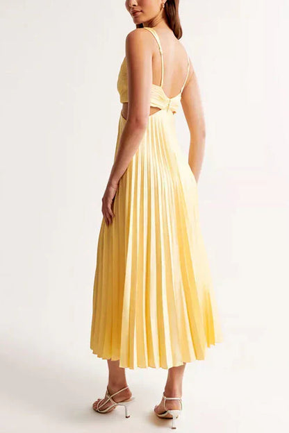 Evangeline | Deep V Neck Cut Out Pleated Maxi Wedding Guest Dress