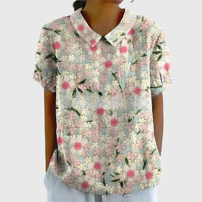 Jenna | Floral Print Collared Short Sleeve Relaxed Linen Blouse