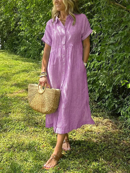 Brooke | Striped Button Up Collared Short Sleeve Casual Summer Midi Dress