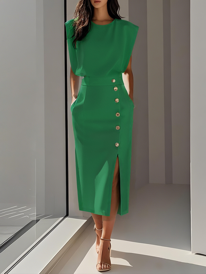 Quinn | Sleeveless Structured Shoulder Button Detail Fitted Midi Elegant Dress