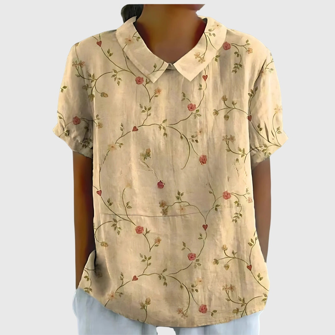 Jenna | Floral Print Collared Short Sleeve Relaxed Linen Blouse