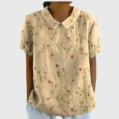 Jenna | Floral Print Collared Short Sleeve Relaxed Linen Blouse
