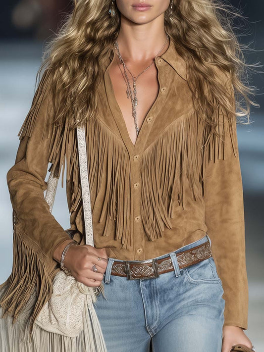 Aspen | Spread Collar Button Front Long Sleeve Fringe Western Shirt