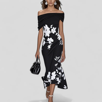 Isabrunel | Floral Off Shoulder Draped Ruffle Hem Bodycon Midi Dress