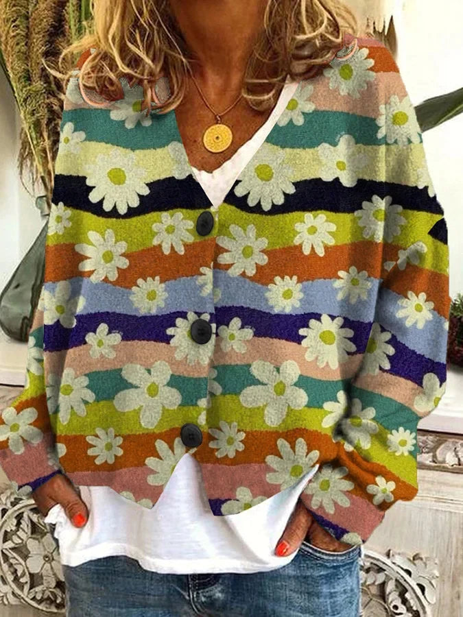 Petra | Women's Vintage-Inspired Floral Striped Button-Up Cardigan