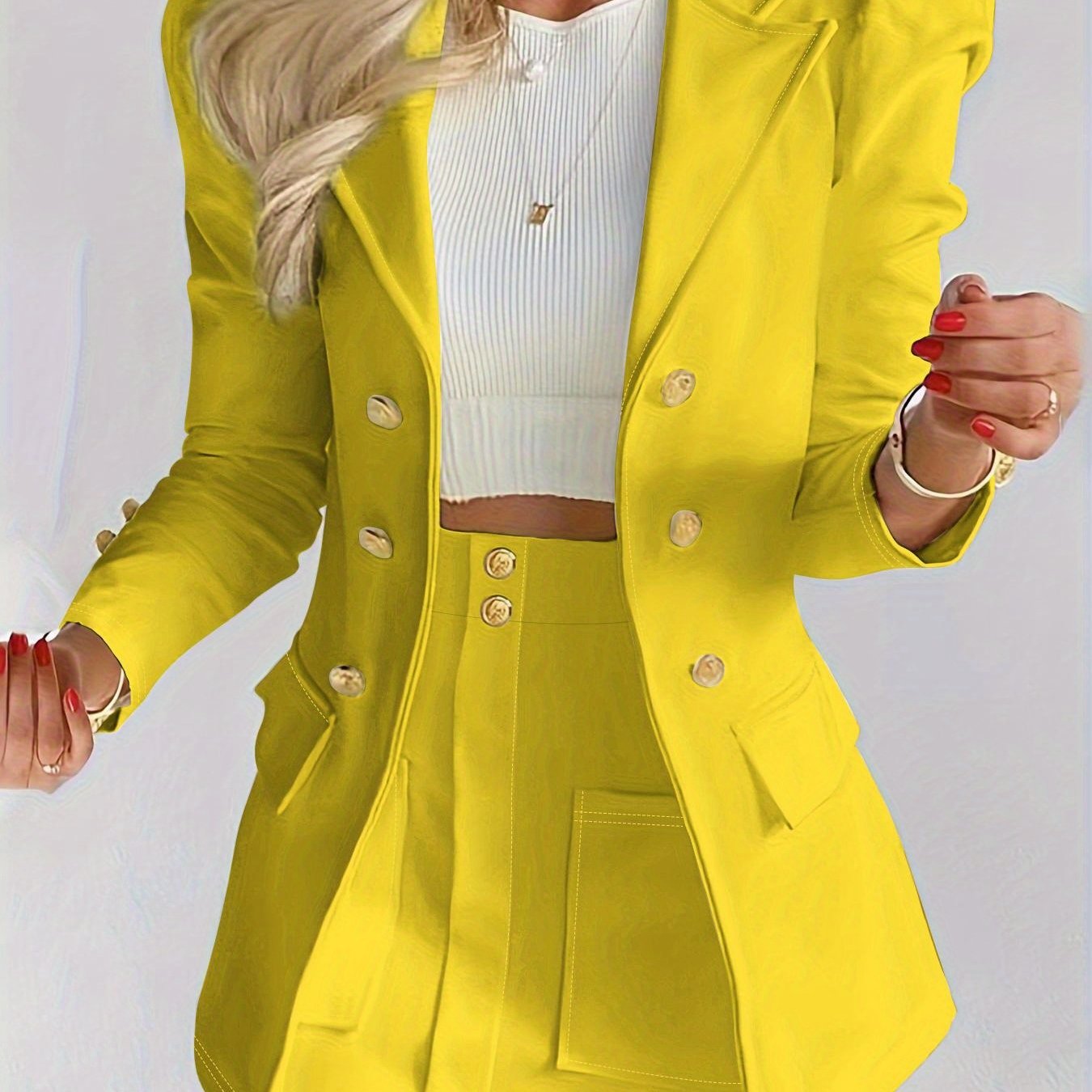 Elodie | Women's Tailored Puff Sleeve Double Breasted Blazer Skirt Set