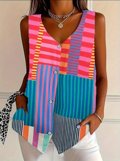 Meliyrah | Zebra Print V Neck Sleeveless Button Down Casual Blouse
