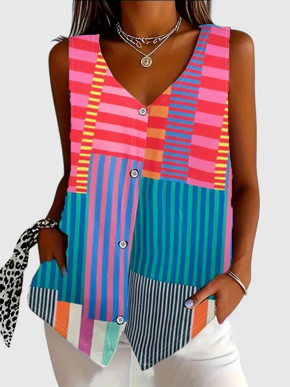 Meliyrah | Zebra Print V Neck Sleeveless Button Down Casual Blouse
