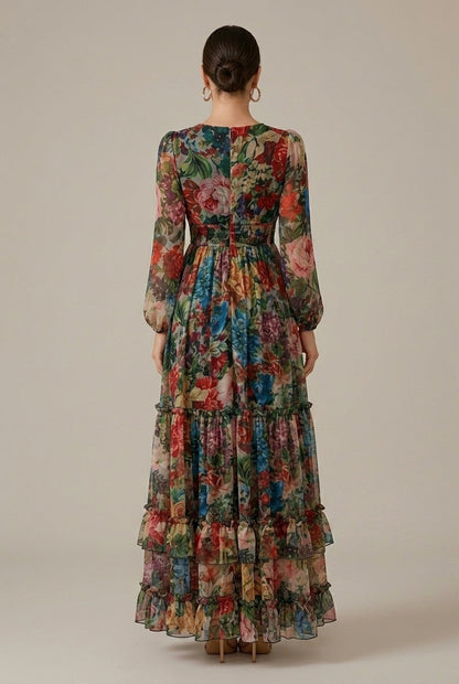 Vera | Floral Long Sleeve V Neck Tiered Ruffle Maxi Dress