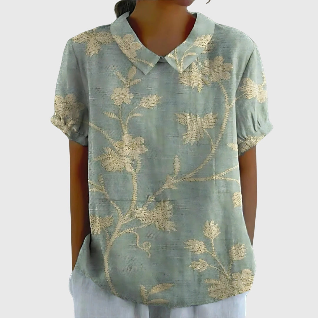 Jenna | Floral Print Collared Short Sleeve Relaxed Linen Blouse