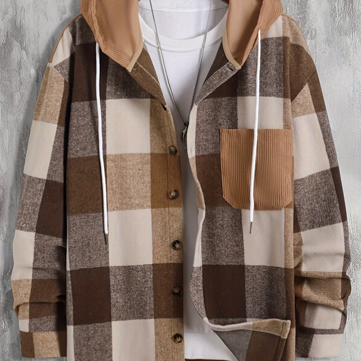 Thaddeus | Men's Plaid Hooded Corduroy Pocket Overshirt Jacket
