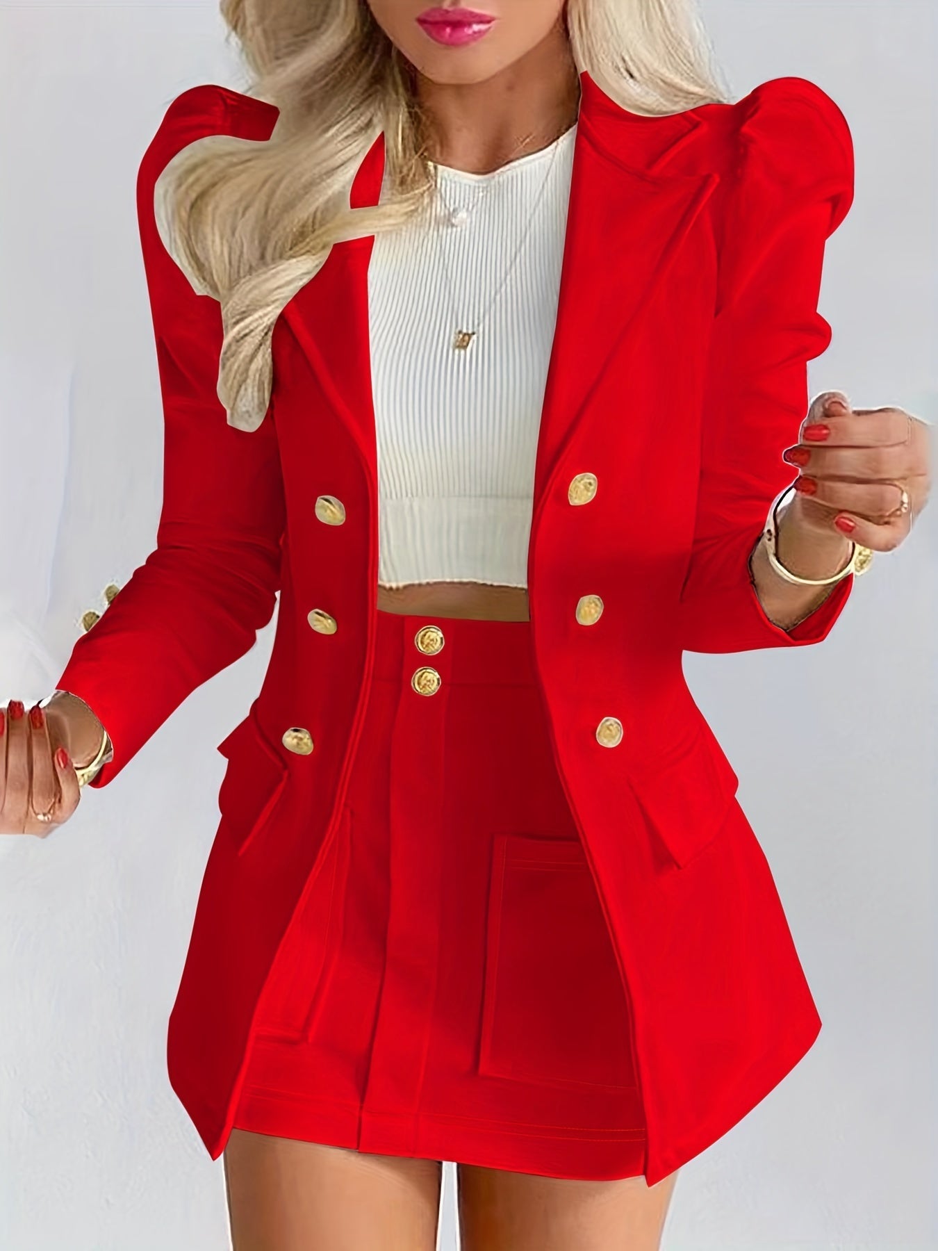 Elodie | Women's Tailored Puff Sleeve Double Breasted Blazer Skirt Set