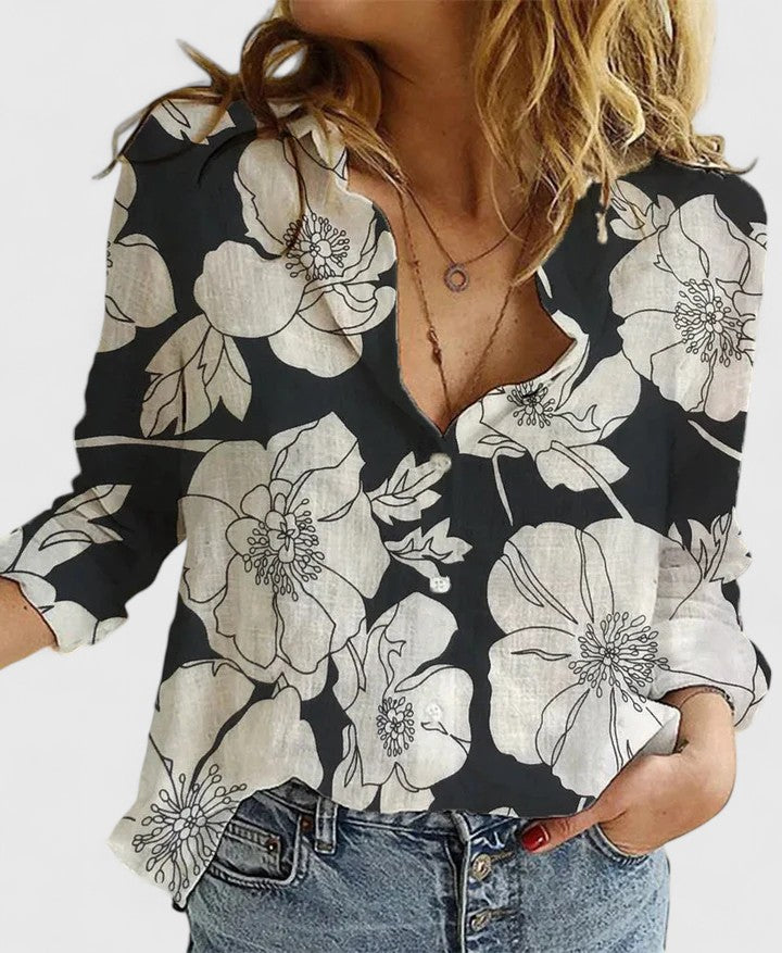 Elena | Lapel Collar Button Down Long Sleeve Relaxed Linen Blouse