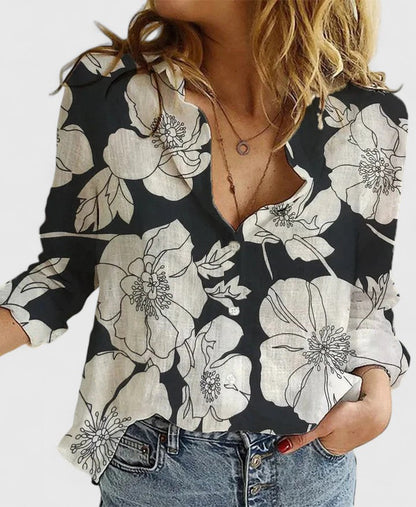 Elena | Lapel Collar Button Down Long Sleeve Relaxed Linen Blouse