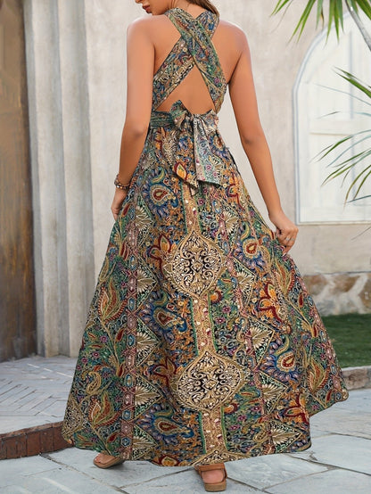Nadine | Paisley Print Crossover Halter Keyhole Side Slit Boho Maxi Dress