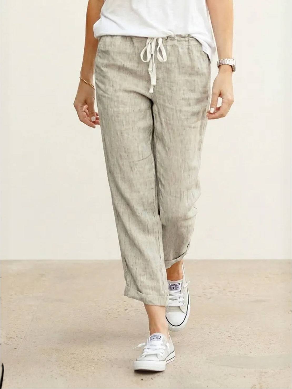 Emily | Drawstring Waist Slim Tapered Cuffed Linen Blend Casual Pants