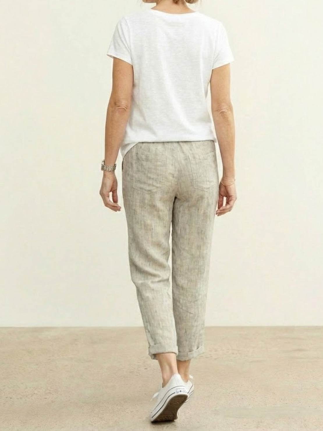 Emily | Drawstring Waist Slim Tapered Cuffed Linen Blend Casual Pants