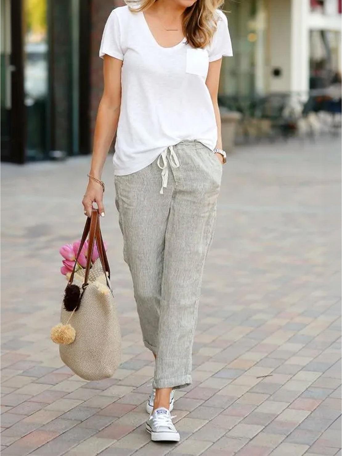 Emily | Drawstring Waist Slim Tapered Cuffed Linen Blend Casual Pants