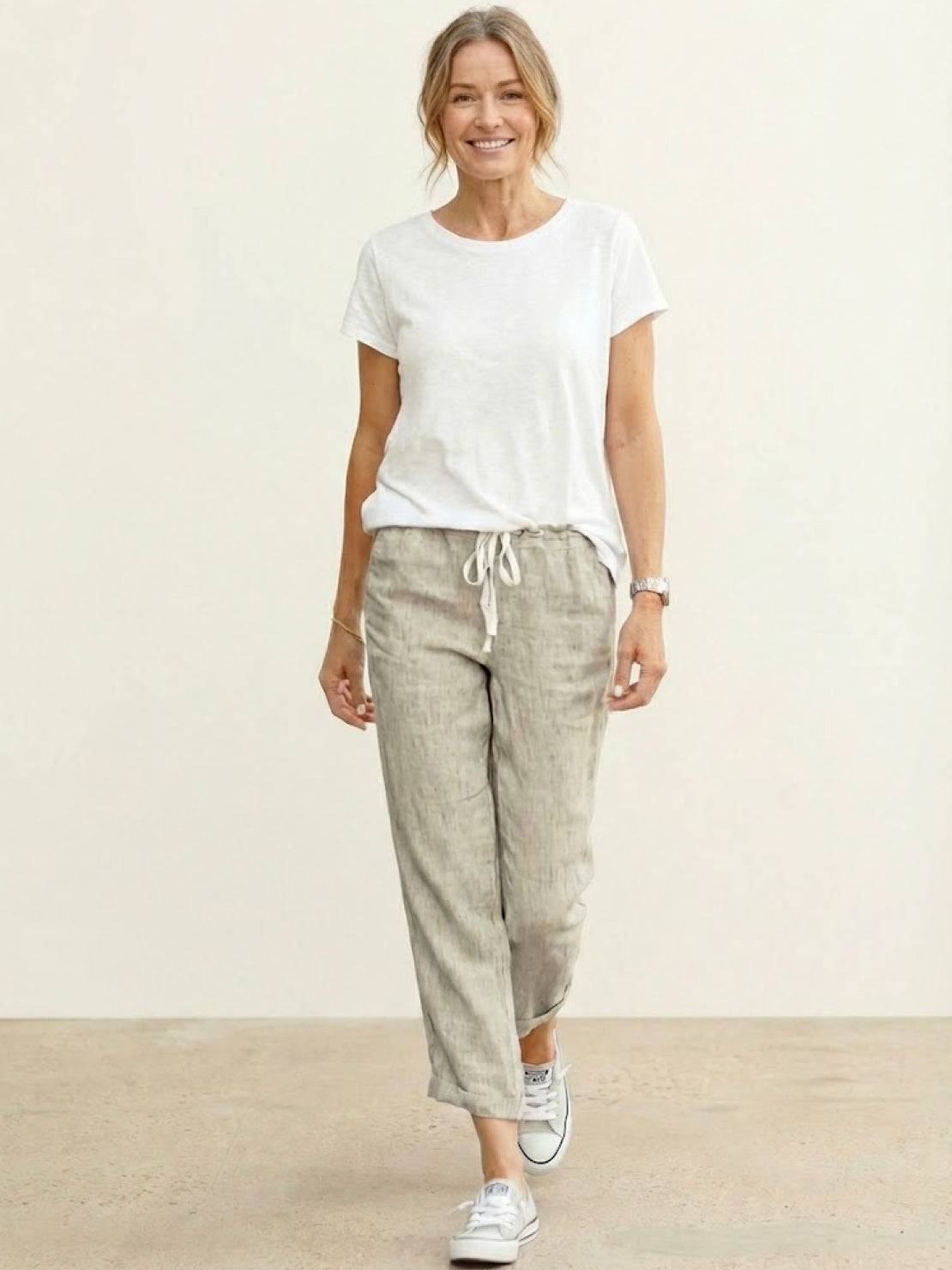 Emily | Drawstring Waist Slim Tapered Cuffed Linen Blend Casual Pants