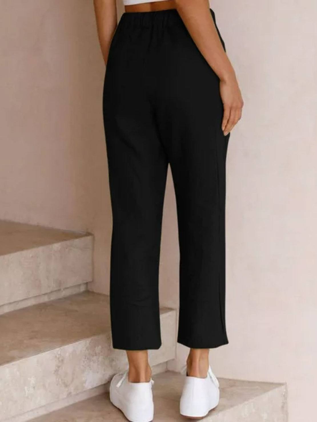 Emily | Drawstring Waist Slim Tapered Cuffed Linen Blend Casual Pants