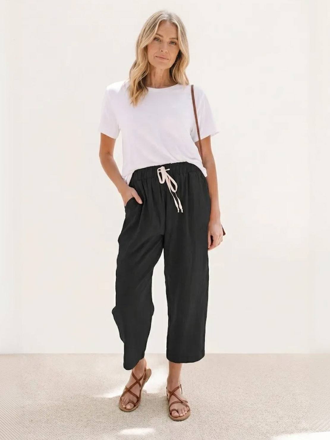 Emily | Drawstring Waist Slim Tapered Cuffed Linen Blend Casual Pants