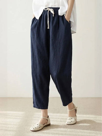 Emily | Drawstring Waist Slim Tapered Cuffed Linen Blend Casual Pants