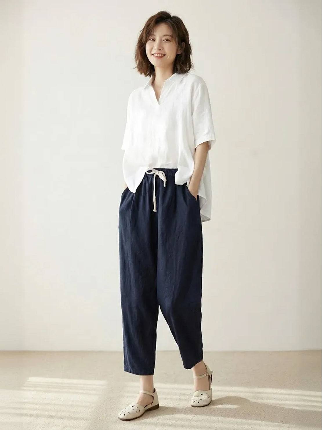 Emily | Drawstring Waist Slim Tapered Cuffed Linen Blend Casual Pants