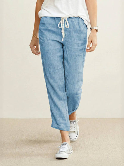 Emily | Drawstring Waist Slim Tapered Cuffed Linen Blend Casual Pants