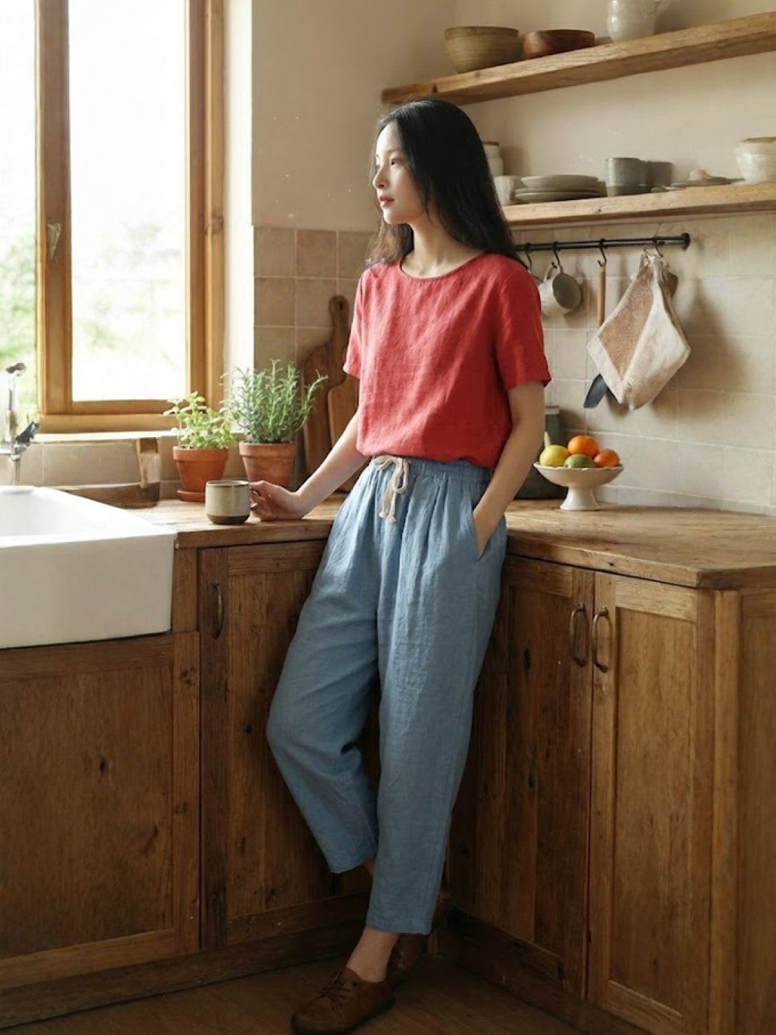 Emily | Drawstring Waist Slim Tapered Cuffed Linen Blend Casual Pants