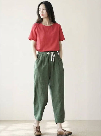 Emily | Drawstring Waist Slim Tapered Cuffed Linen Blend Casual Pants