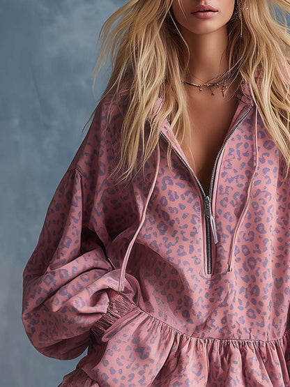 Briony | Leopard Print Half Zip Hoodie Balloon Sleeve Ruffle Lace Hem Mini Dress