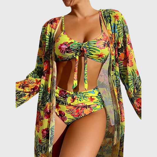 Tropica | Tropical Floral Print Tie Front High Waist Bikini Three Piece Set