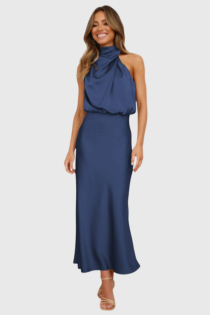 Ava | Draped High Neck Halter Sleeveless Satin Elegant Maxi Dress