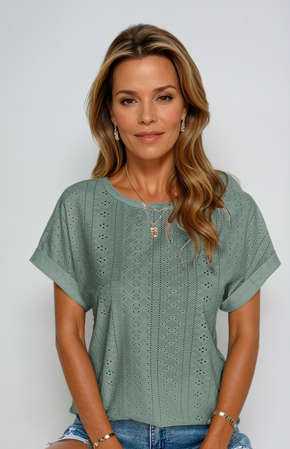 Becky | Eyelet Tops Short Sleeve Oversized Casual Blouses