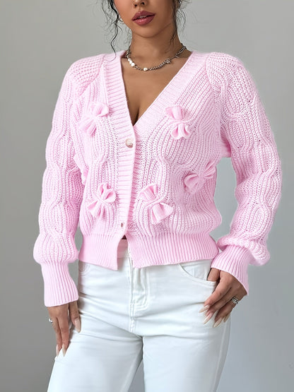 Rosalind | Women's Bow-Detail Cable Knit V-Neck Button-Front Cardigan