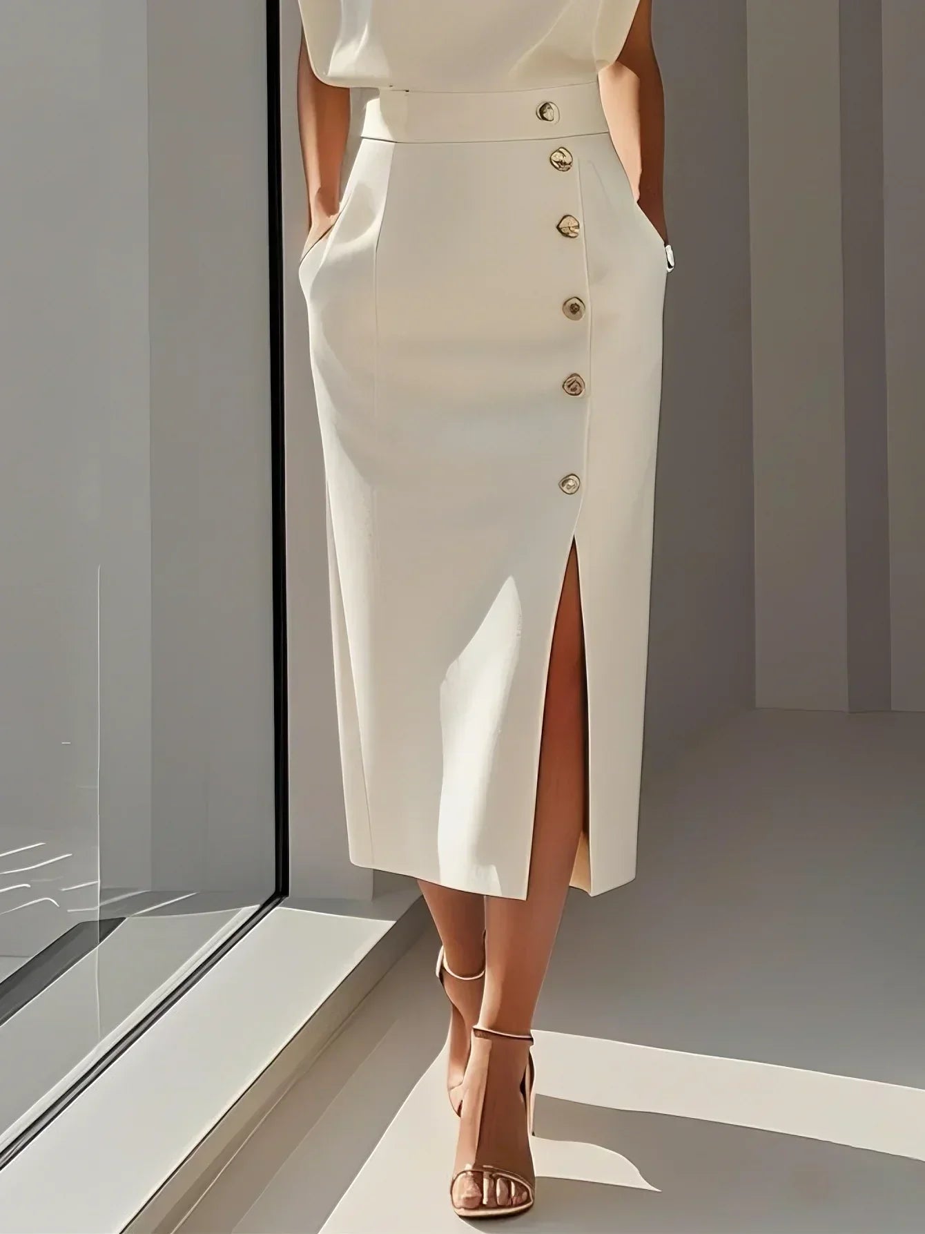 Quinn | Sleeveless Structured Shoulder Button Detail Fitted Midi Elegant Dress