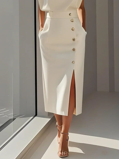 Quinn | Sleeveless Structured Shoulder Button Detail Fitted Midi Elegant Dress
