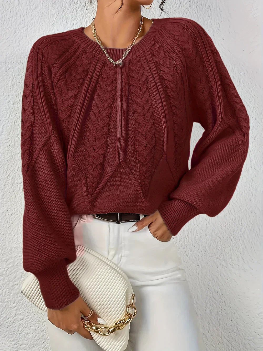 Rosalen | Women's Cable Knit Chunky Relaxed Fit Long Sleeve Sweater